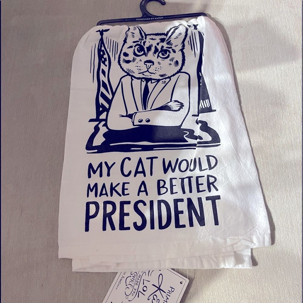 New Dish Towel Floursack Cat President from Primitives by Kathy NWT